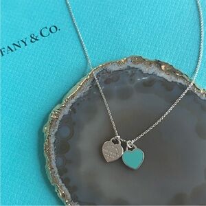Tiffany & Co 💯% Auth 925 Silver Blue Mini Double Heart Necklace✨w/pouch✨EUC✨